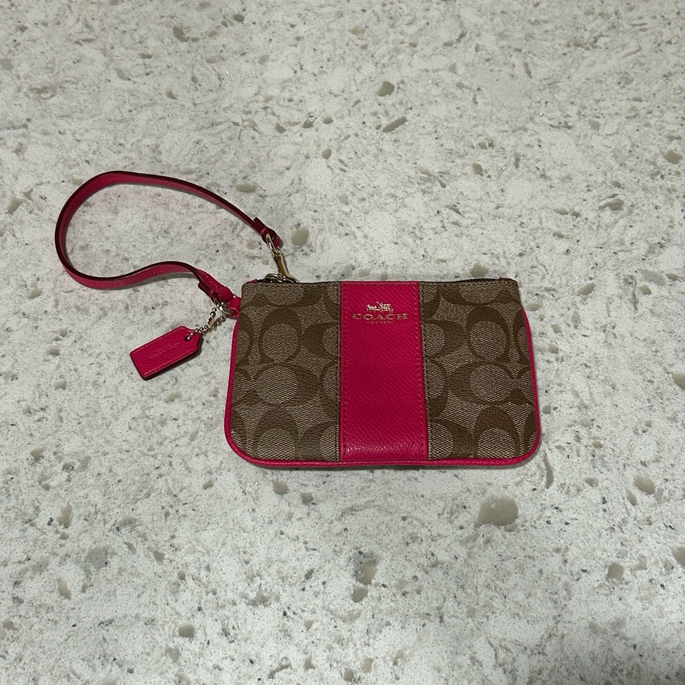 Coach Brown and Pink Signature Zip Wristlet with Hang Tag -Clean